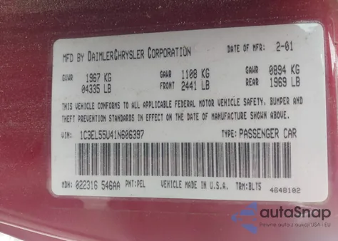 2001 Chrysler Sebring Lxi from USA, damaged, VIN 1C3EL55U41N606397